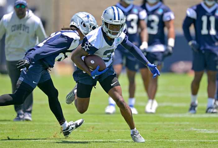 Jul 26, 2023; Oxnard, CA, USA; Dallas Cowboys wide receiver Brandin Cooks (3) carries the ball during a training camp drill at River Ridge Playing Fields in Oxnard, CA. Mandatory Credit: Jayne Kamin-Oncea-USA TODAY Sports